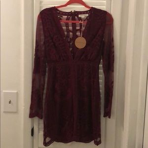 Burgundy Long Sleeve Lace Cocktail Dress